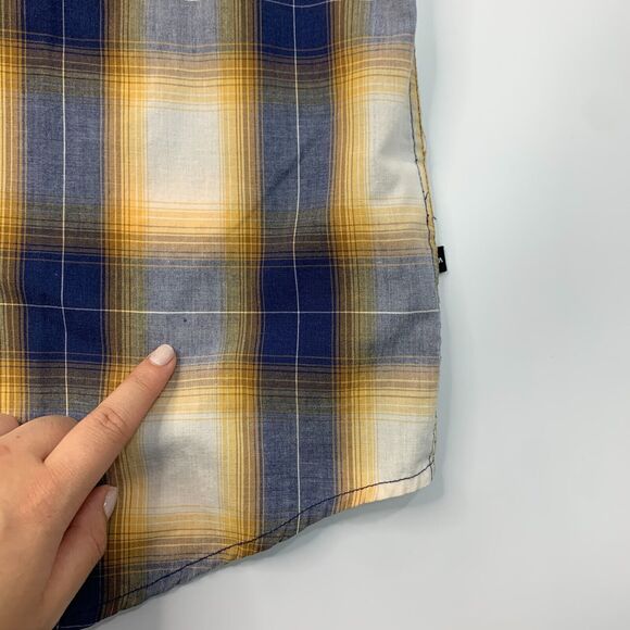RVCA Shirt Mens S Small Yellow Blue Plaid Button Up Short Sleeve Drop Cut Pocket - Picture 8 of 12